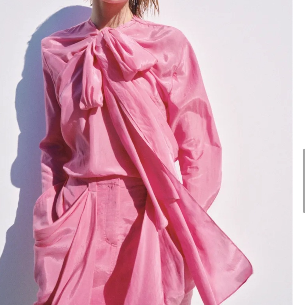 ZARA Pink Bow Tie Neck Blouse Satin Flowy Long Sleeve Asymmetric Tunic Shirt S